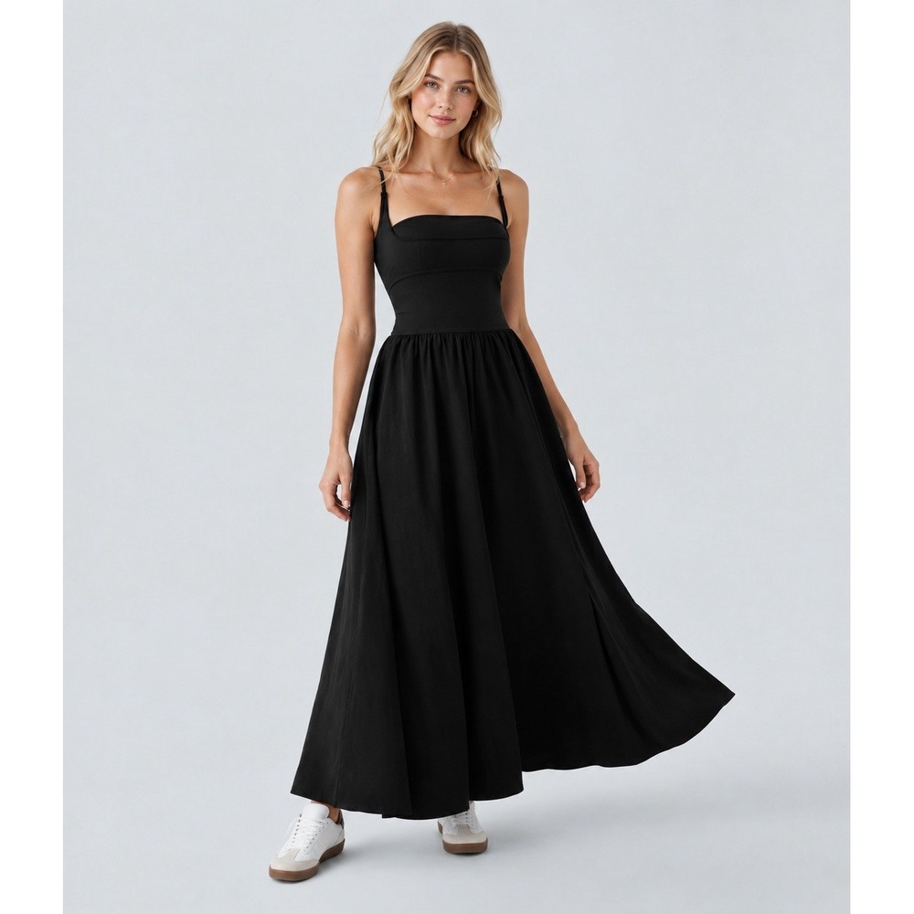 Halara Breezeful Maxi Dress Black Long Flowy Casual Pockets Stretch Black Large